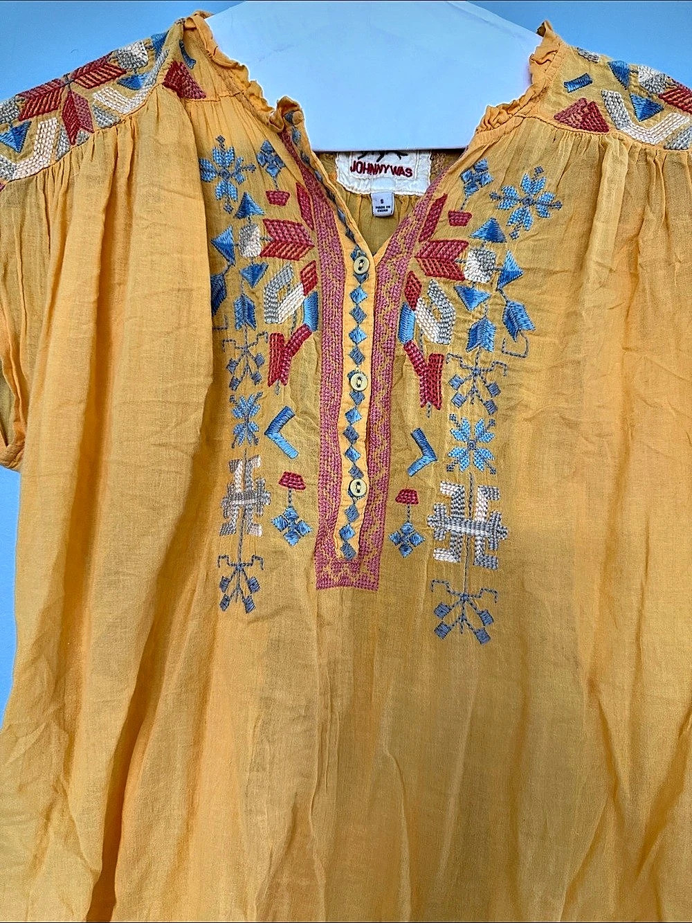Johnny Was Embroidered Tunic Yellow & Multicolor Small Like New